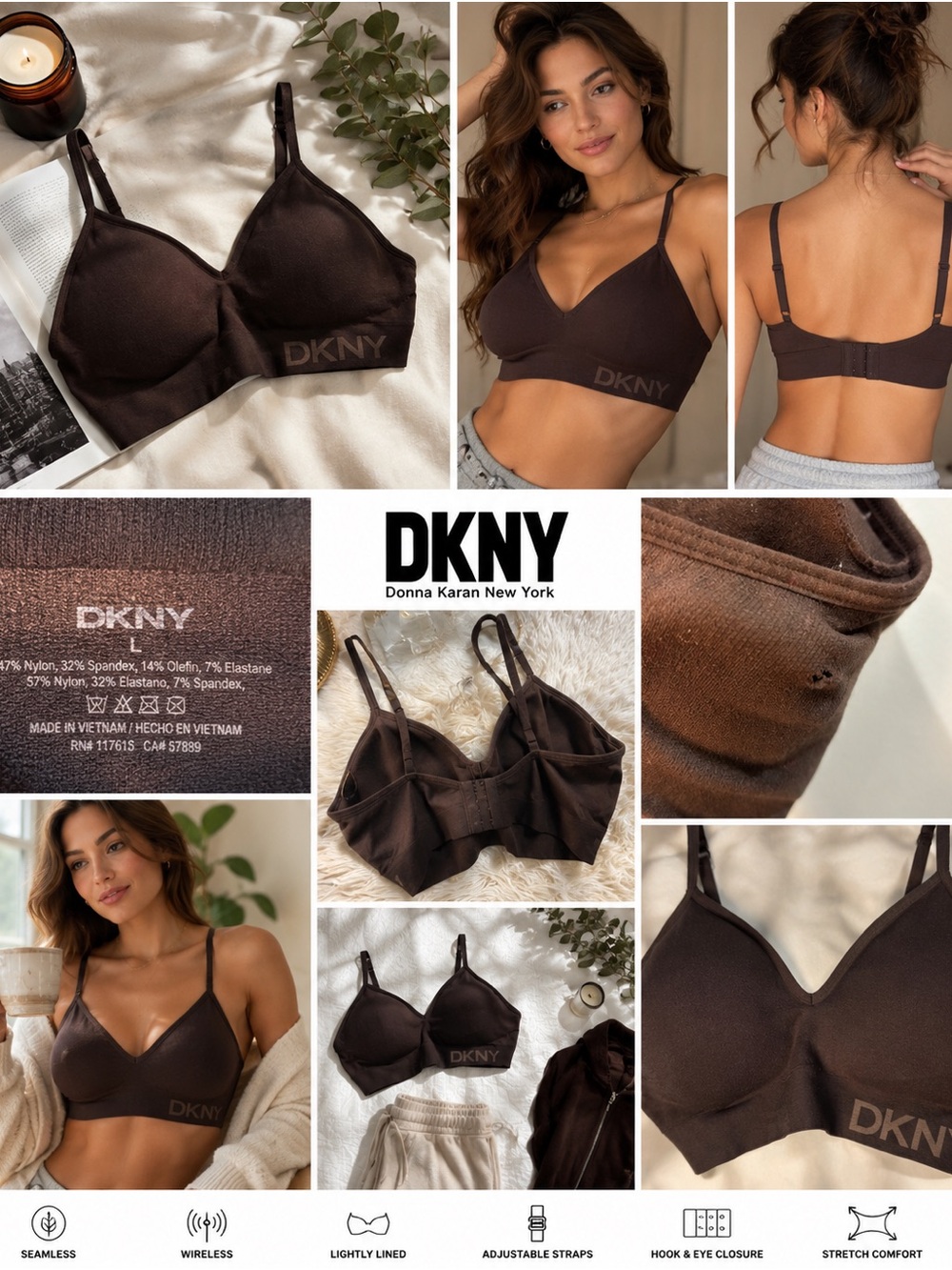 DKNY Seamless Wireless Bralette Large Brown Logo Lightly Lined Adjustable Straps